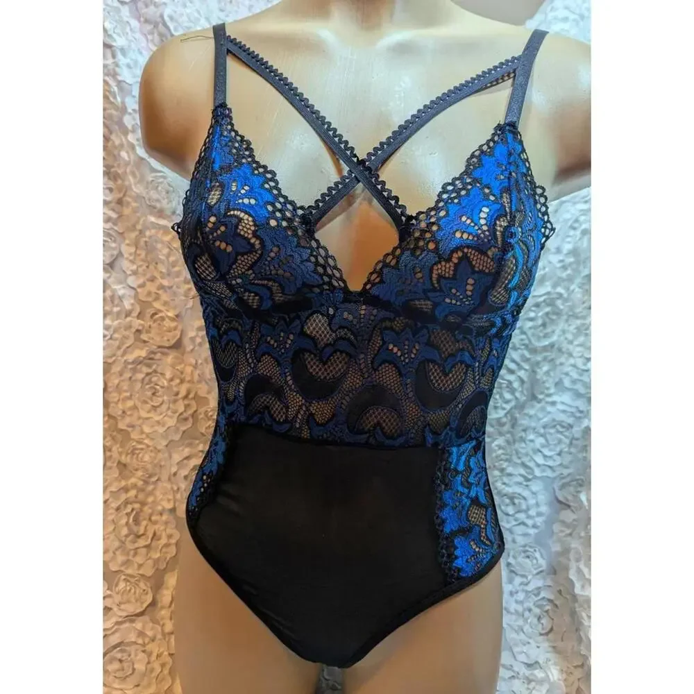 Stunning‎ Black and Blue Lace Bodysuit with Strappy Detail New
